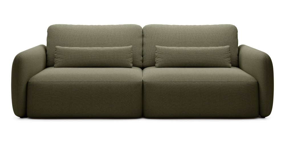 Sofa rozkładana Mossa z pojemnikiem, obłe kształty, ciemnozielona