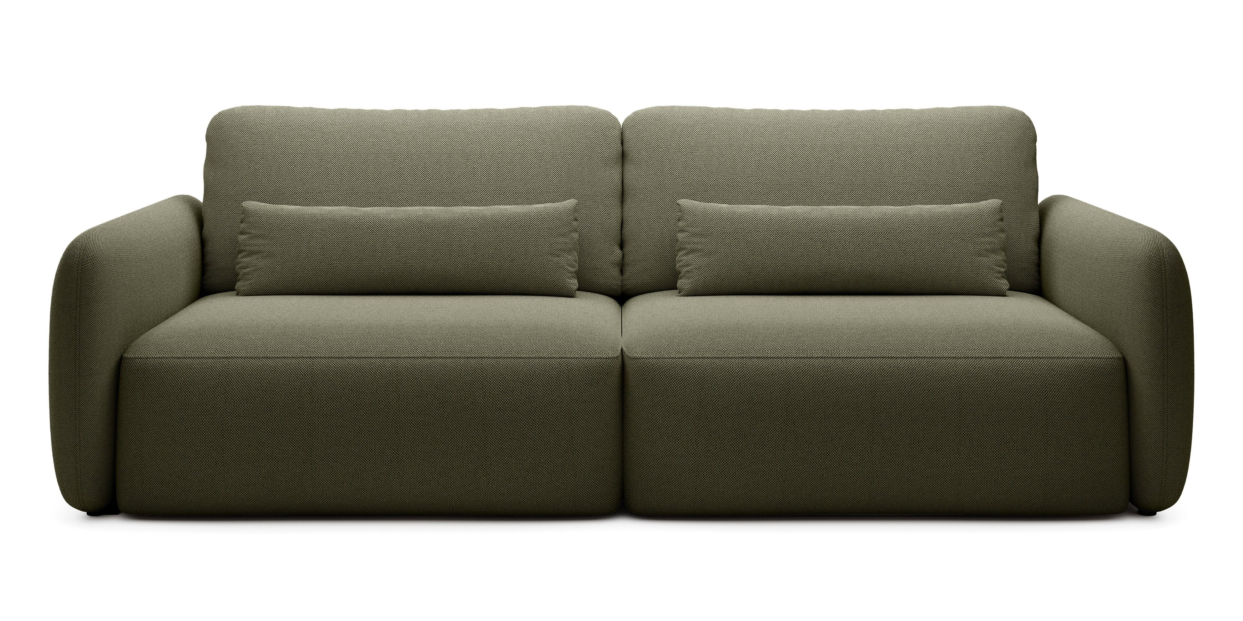 Sofa rozkładana Mossa z pojemnikiem, obłe kształty, ciemnozielona