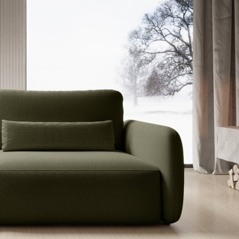 Sofa rozkładana Mossa z pojemnikiem, obłe kształty, ciemnozielona