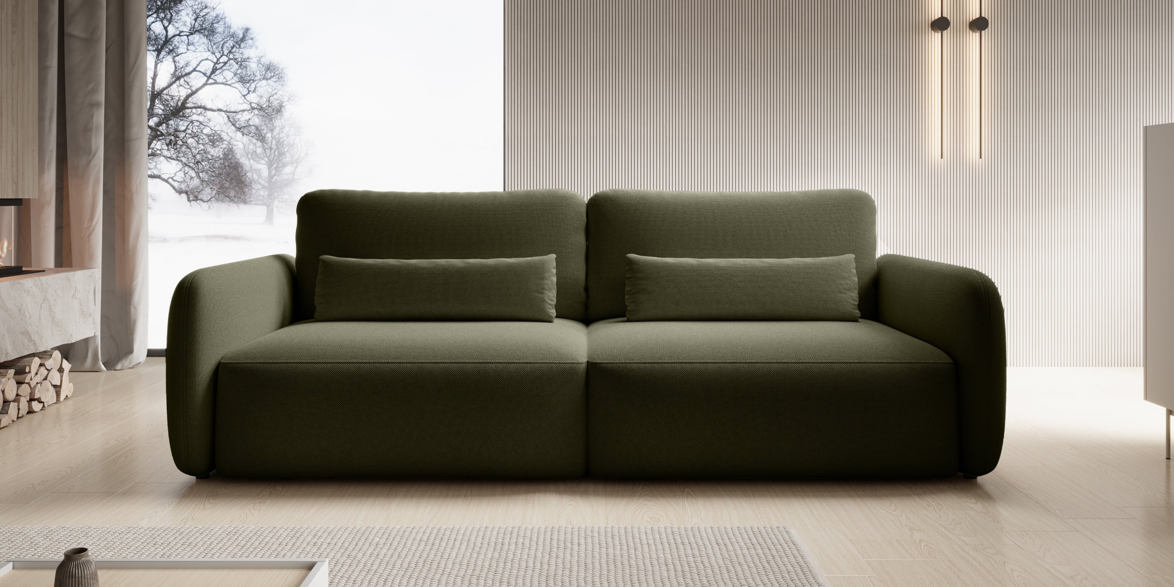 Sofa rozkładana Mossa z pojemnikiem, obłe kształty, ciemnozielona