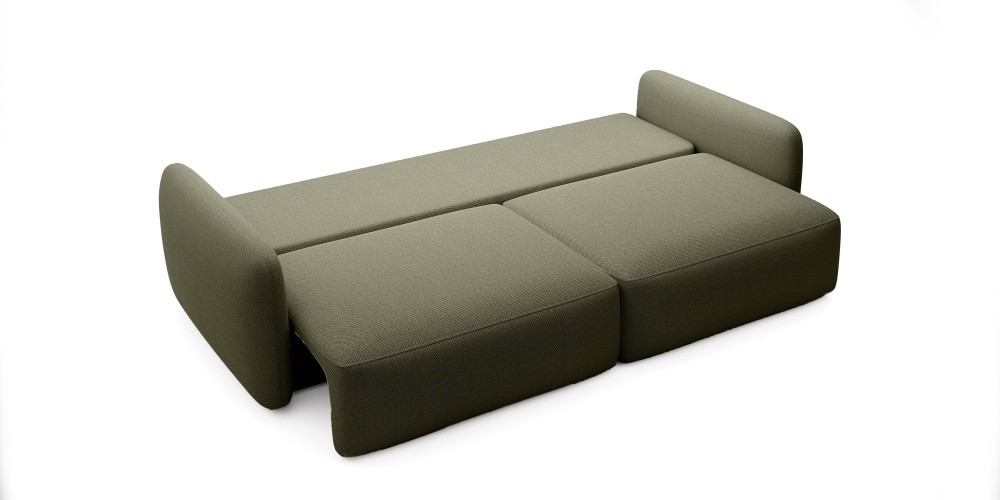 Sofa rozkładana Mossa z pojemnikiem, obłe kształty, ciemnozielona