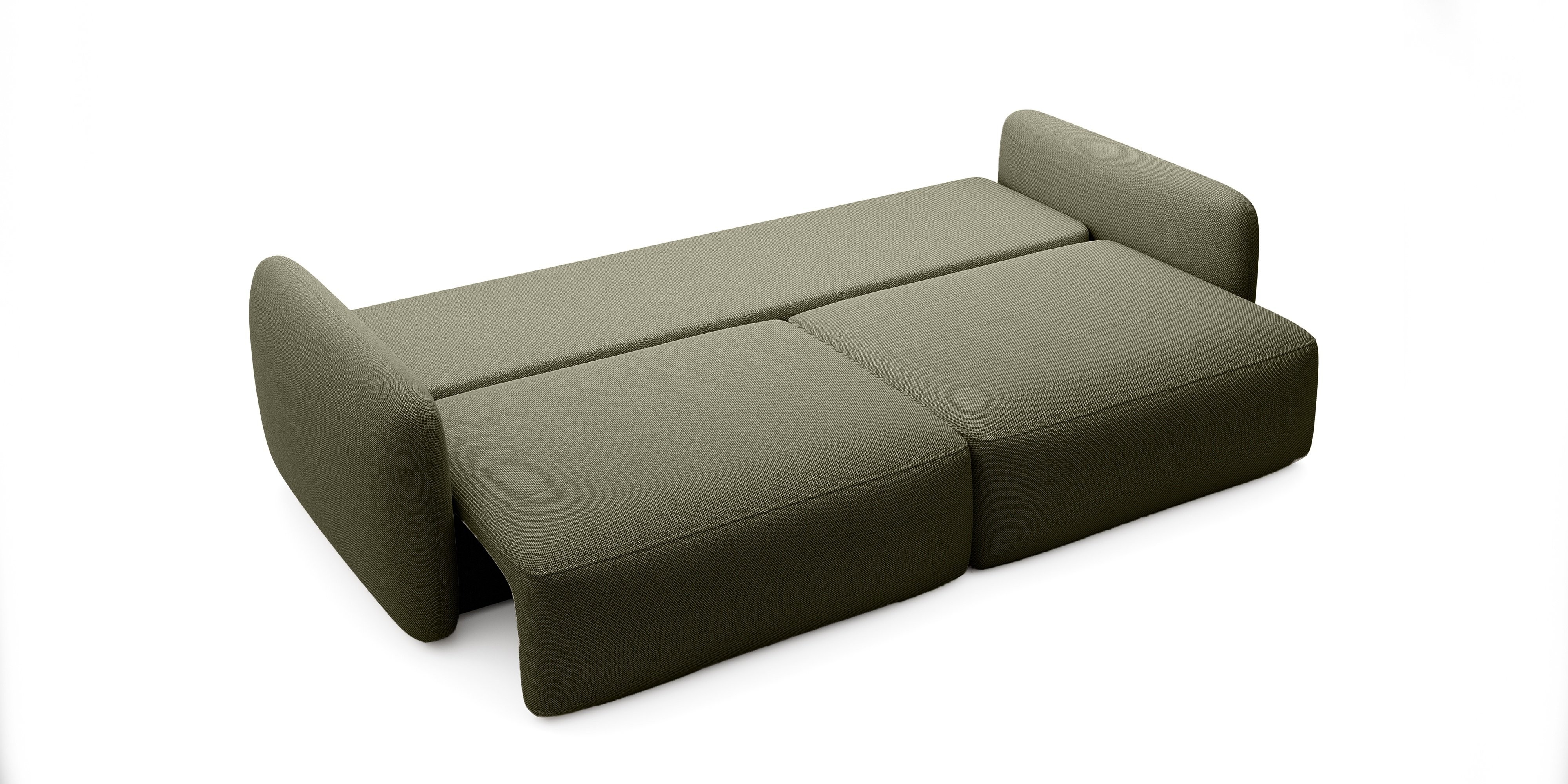 Sofa rozkładana Mossa z pojemnikiem, obłe kształty, ciemnozielona