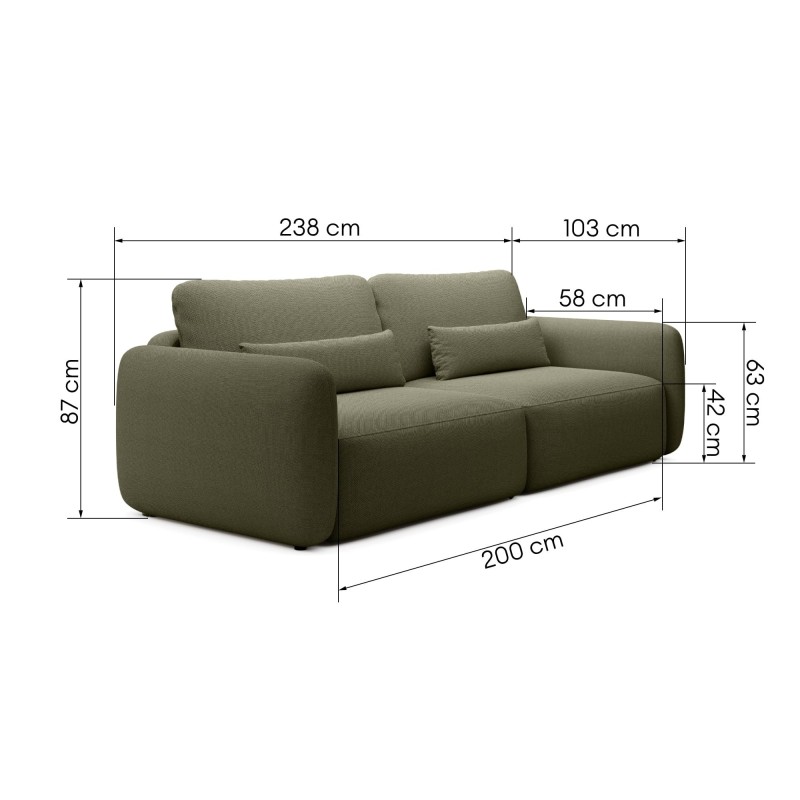 Sofa rozkładana Mossa z pojemnikiem, obłe kształty, ciemnozielona