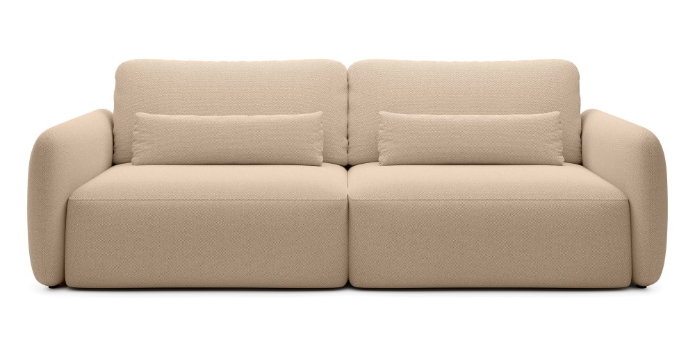 Sofa rozkładana Mossa z pojemnikiem, obłe kształty, jasnobrązowa