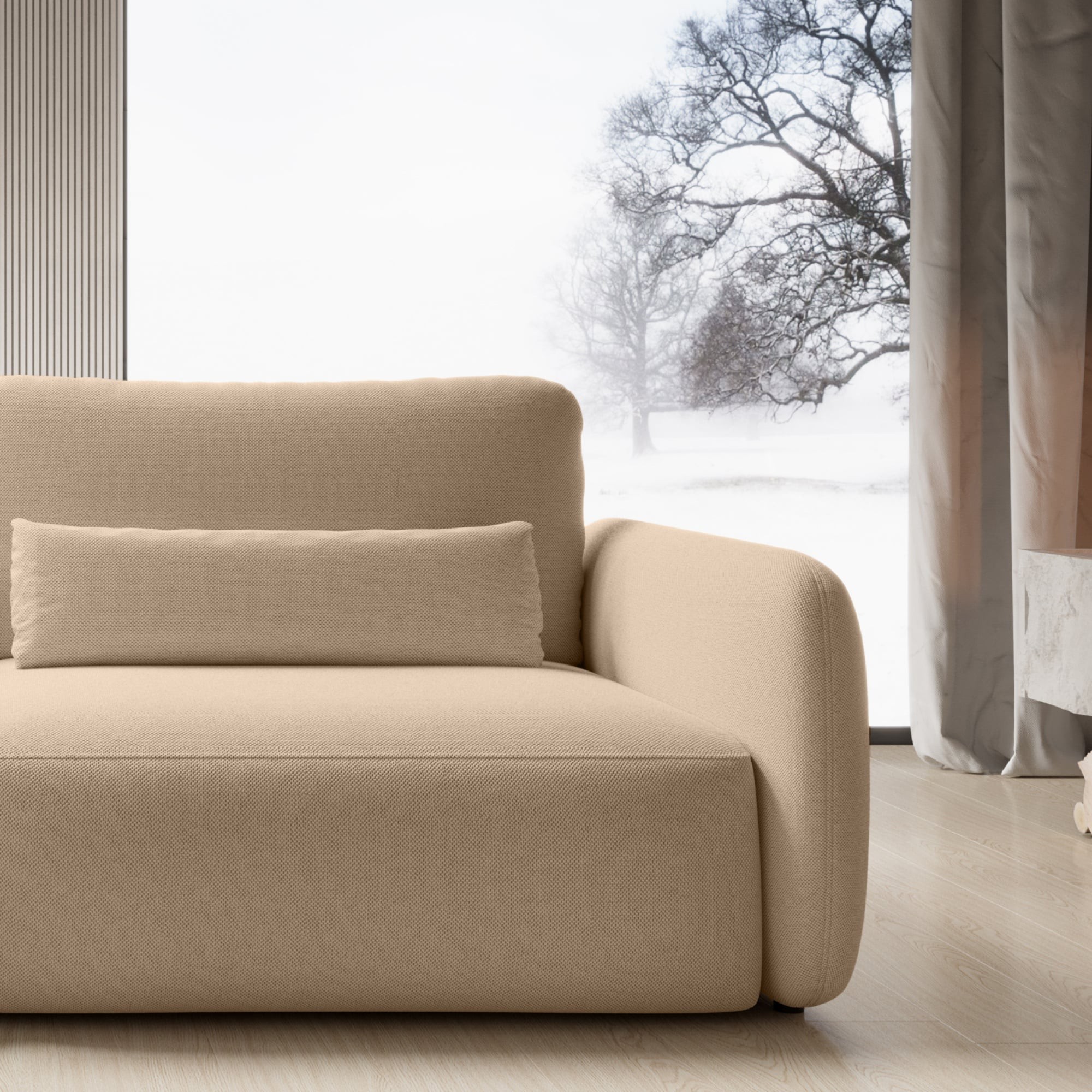 Sofa rozkładana Mossa z pojemnikiem, obłe kształty, jasnobrązowa