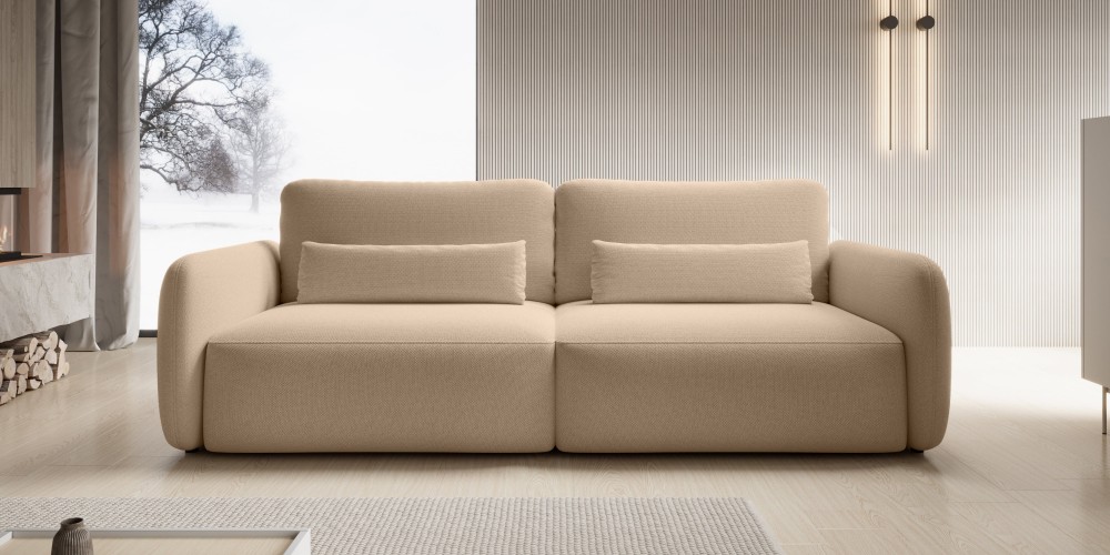 Sofa rozkładana Mossa z pojemnikiem, obłe kształty, jasnobrązowa