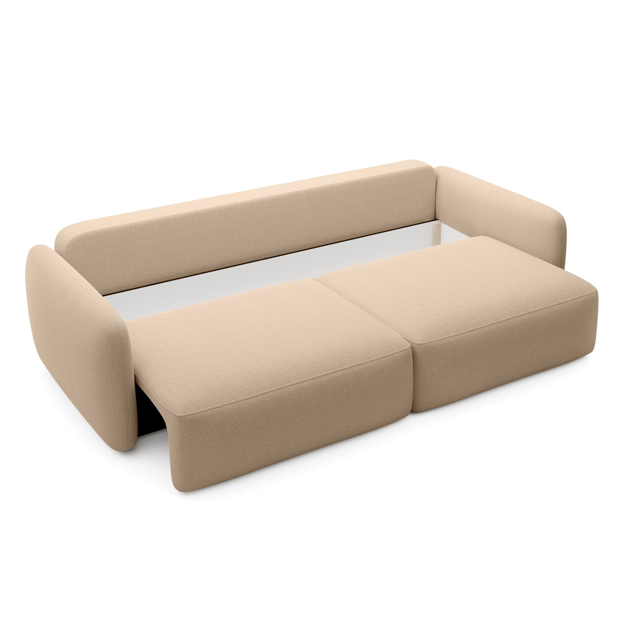Sofa rozkładana Mossa z pojemnikiem, obłe kształty, jasnobrązowa