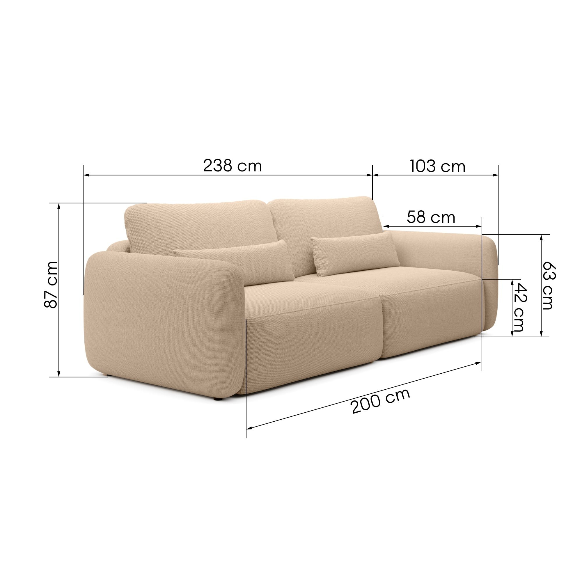 Sofa rozkładana Mossa z pojemnikiem, obłe kształty, jasnobrązowa