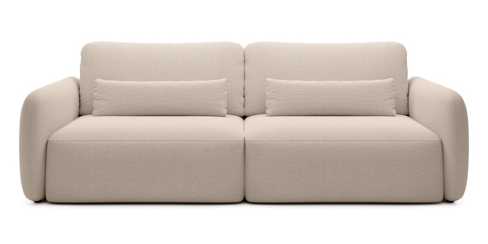 Sofa rozkładana Mossa z pojemnikiem, obłe kształty, beżowoszara