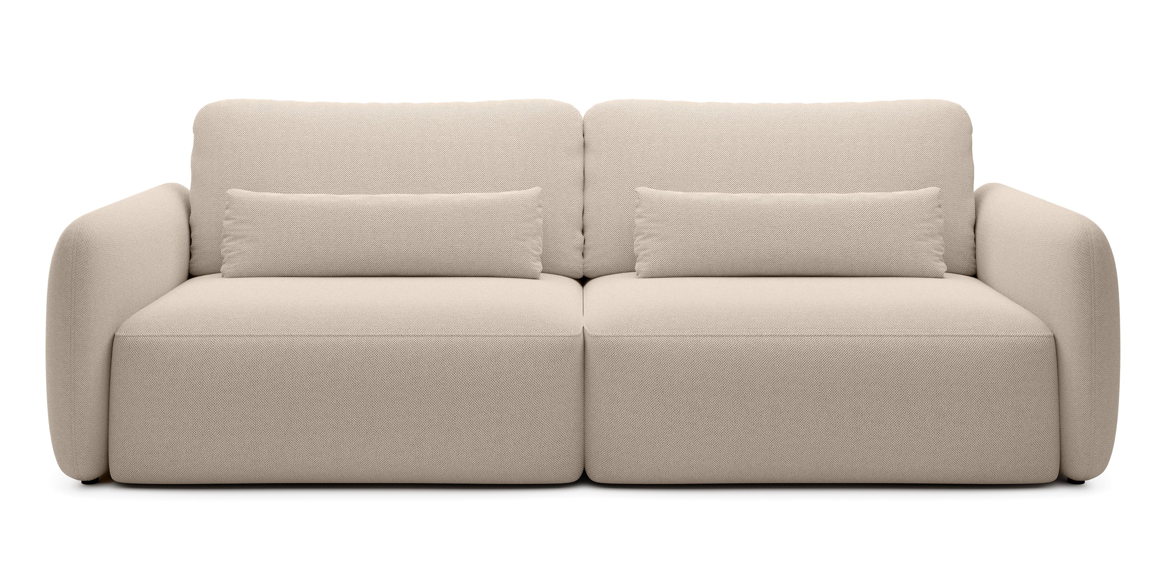 Sofa rozkładana Mossa z pojemnikiem, obłe kształty, beżowoszara