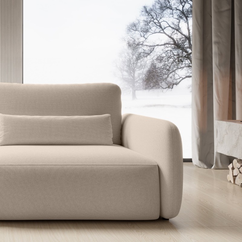 Sofa rozkładana Mossa z pojemnikiem, obłe kształty, beżowoszara