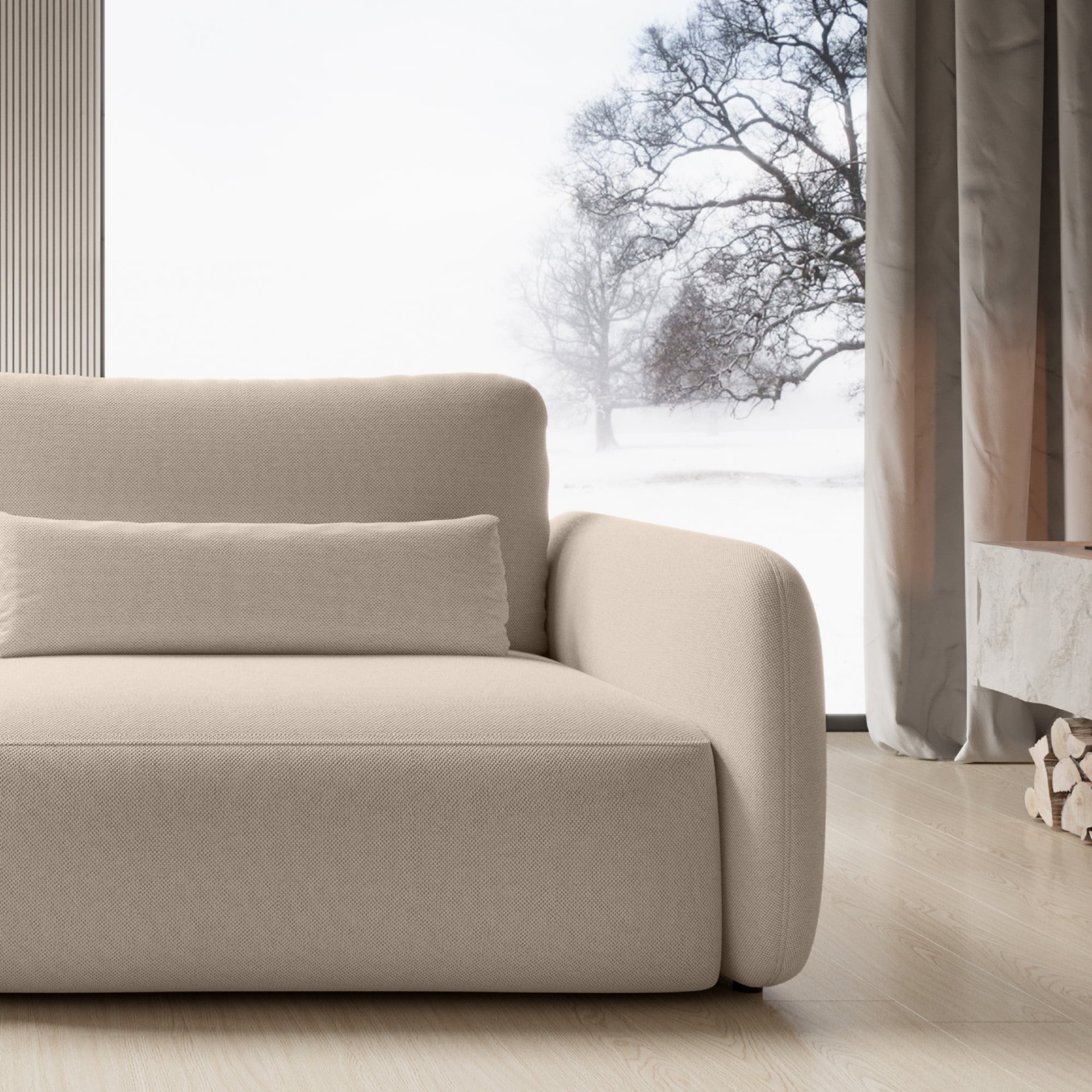 Sofa rozkładana Mossa z pojemnikiem, obłe kształty, beżowoszara