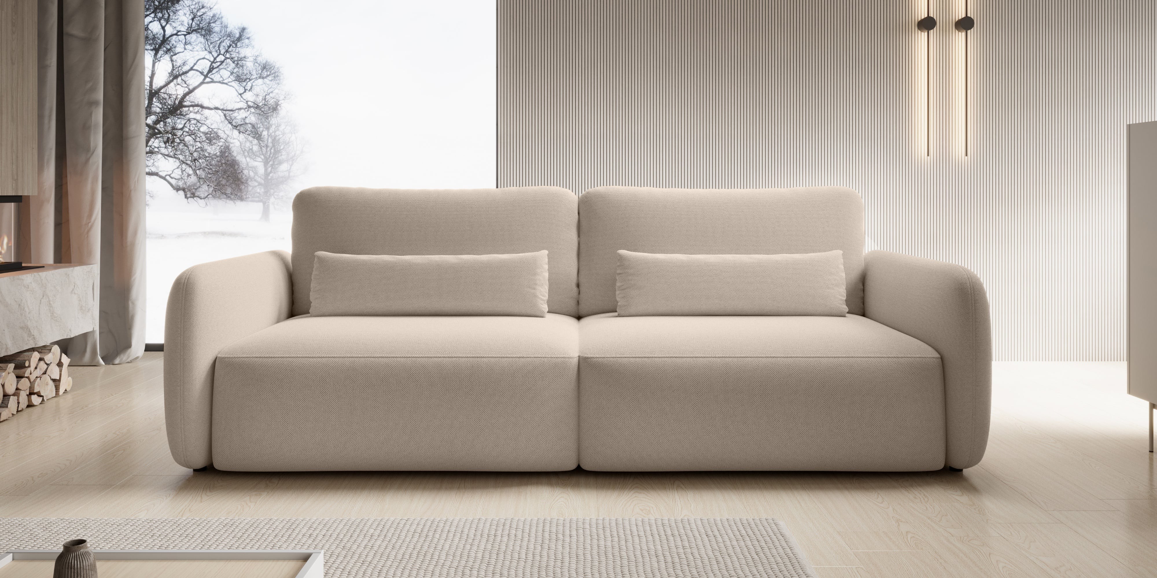Sofa rozkładana Mossa z pojemnikiem, obłe kształty, beżowoszara