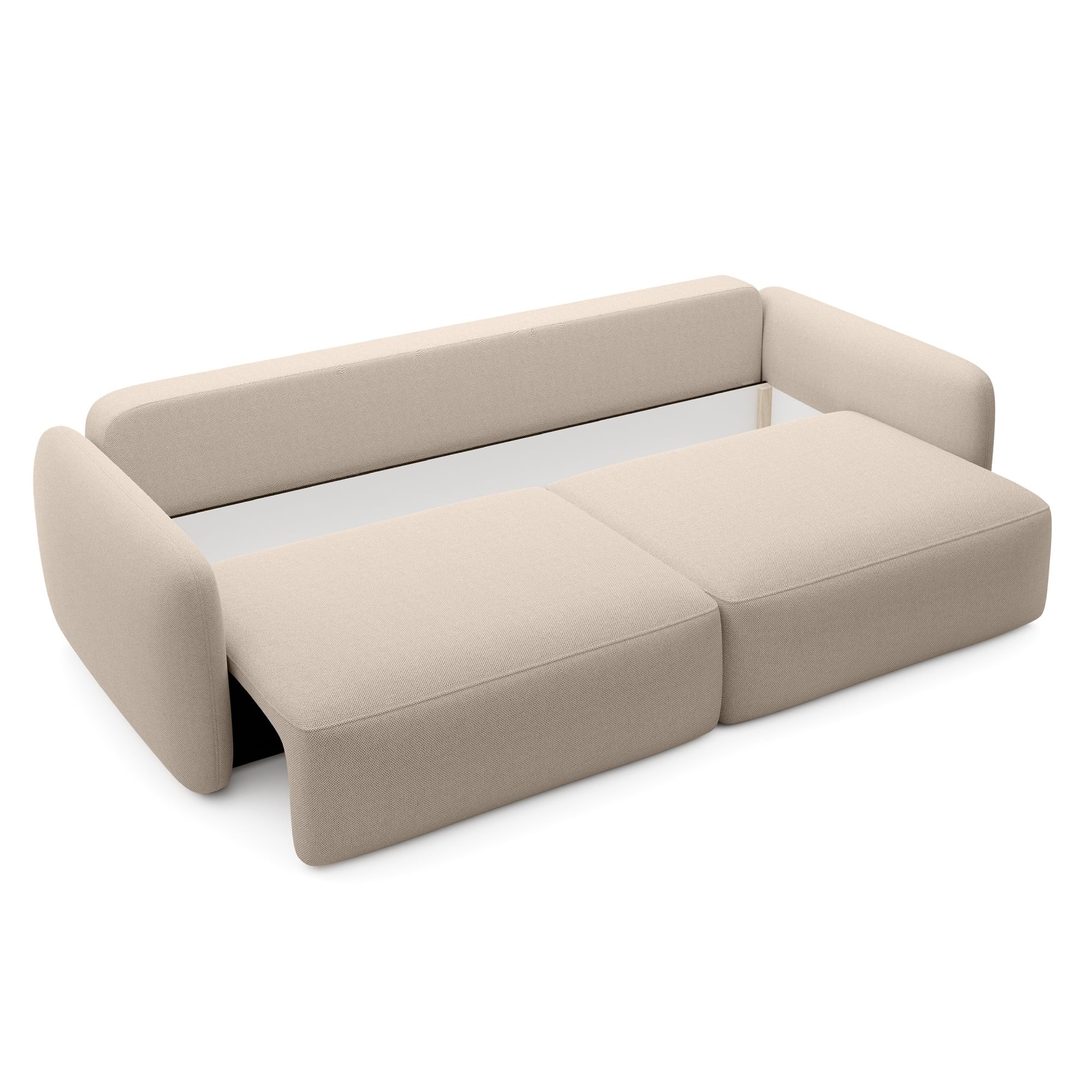 Sofa rozkładana Mossa z pojemnikiem, obłe kształty, beżowoszara