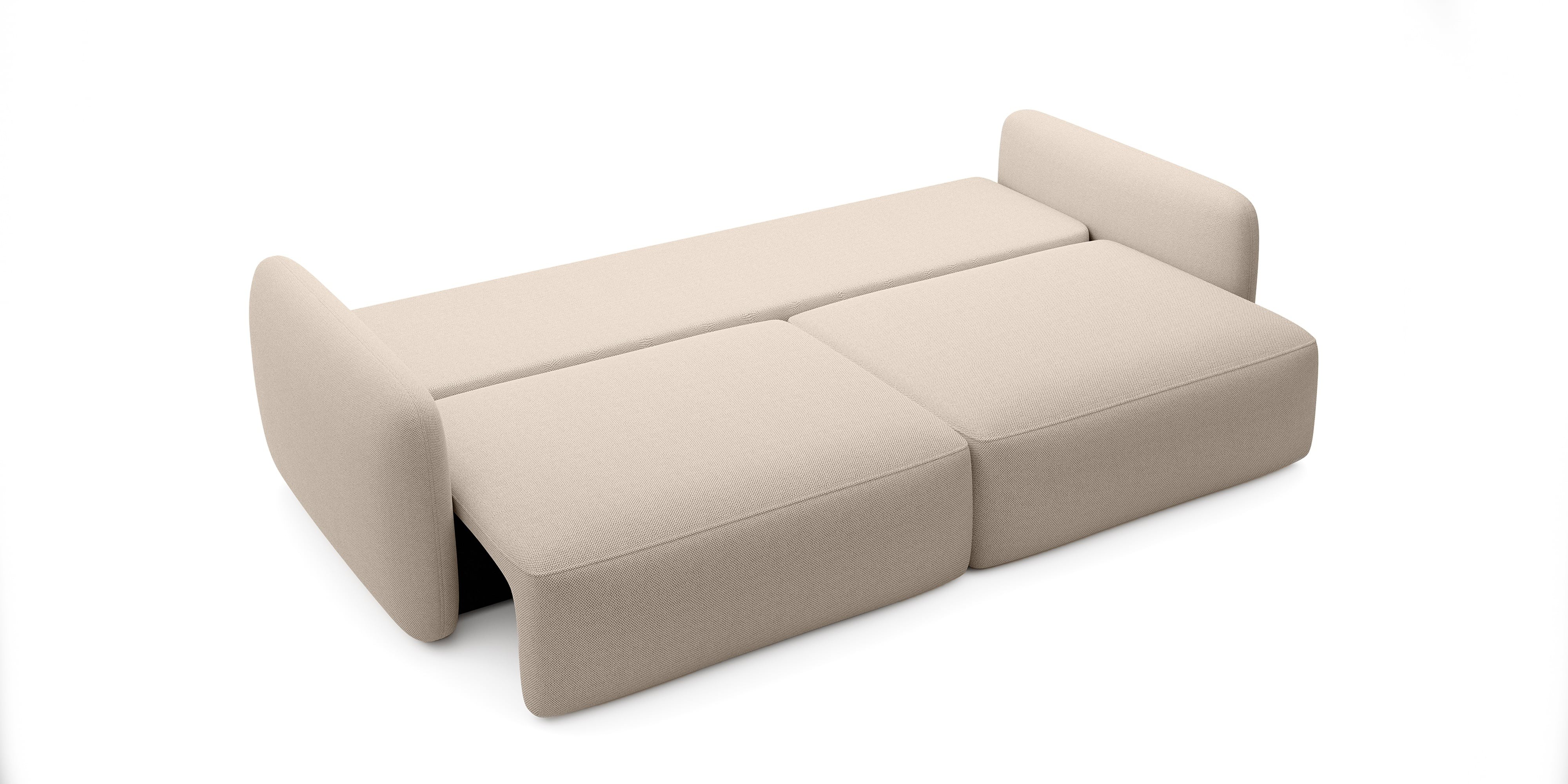 Sofa rozkładana Mossa z pojemnikiem, obłe kształty, beżowoszara