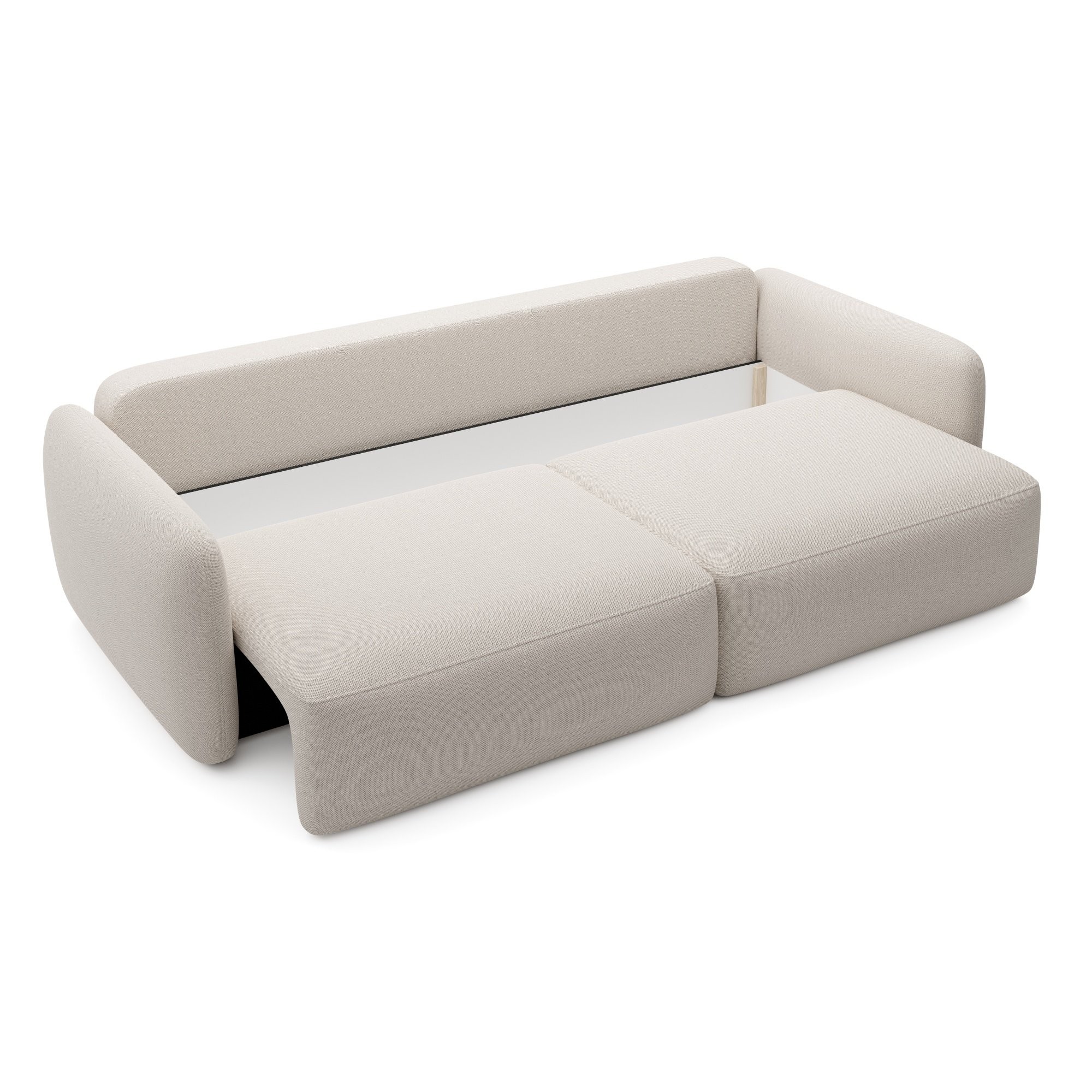 Sofa rozkładana Mossa z pojemnikiem, obłe kształty, jasnobeżowa