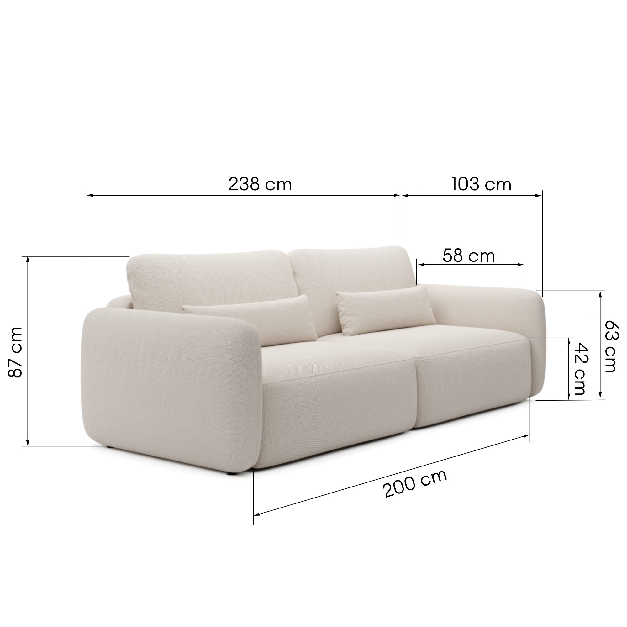 Sofa rozkładana Mossa z pojemnikiem, obłe kształty, jasnobeżowa