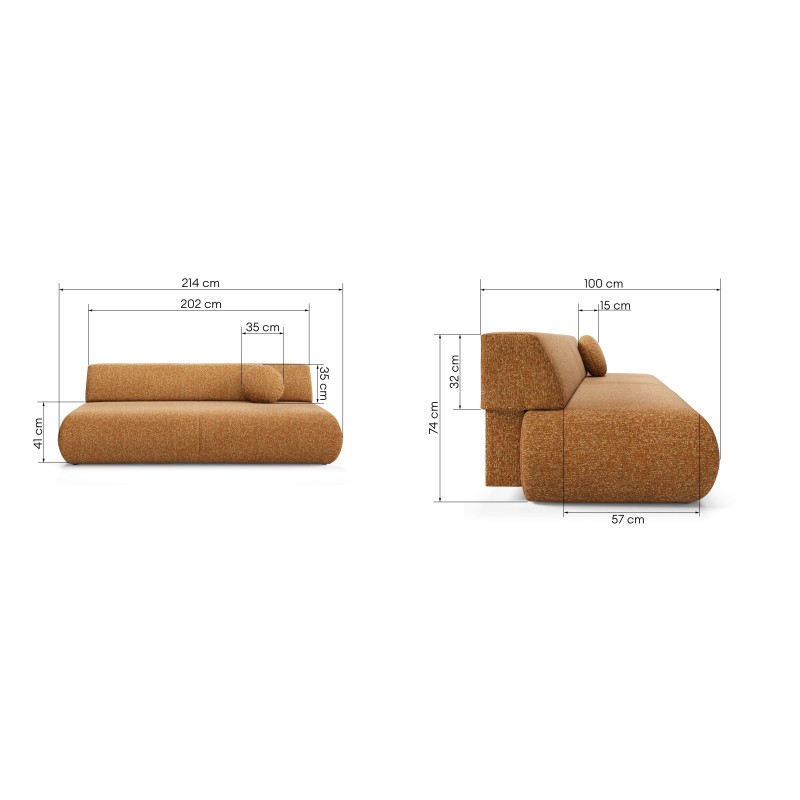 Sofa z funkcją spania i pojemnikiem Puente, miedziany melanż, obłe kształty