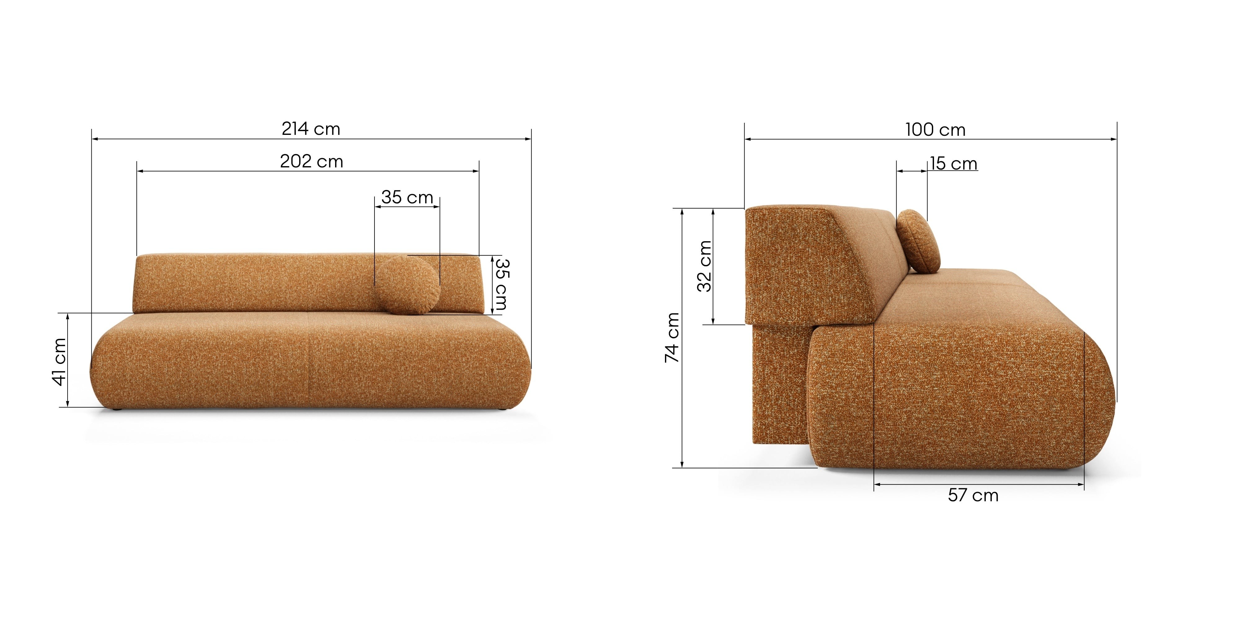 Sofa z funkcją spania i pojemnikiem Puente, miedziany melanż, obłe kształty