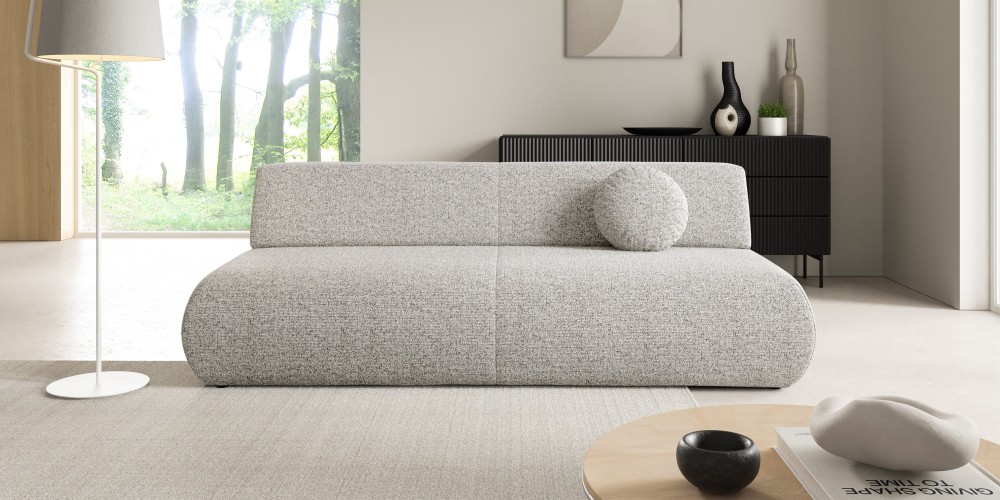 Sofa z funkcją spania i pojemnikiem Puente, szarobeżowy melanż, obłe kształty
