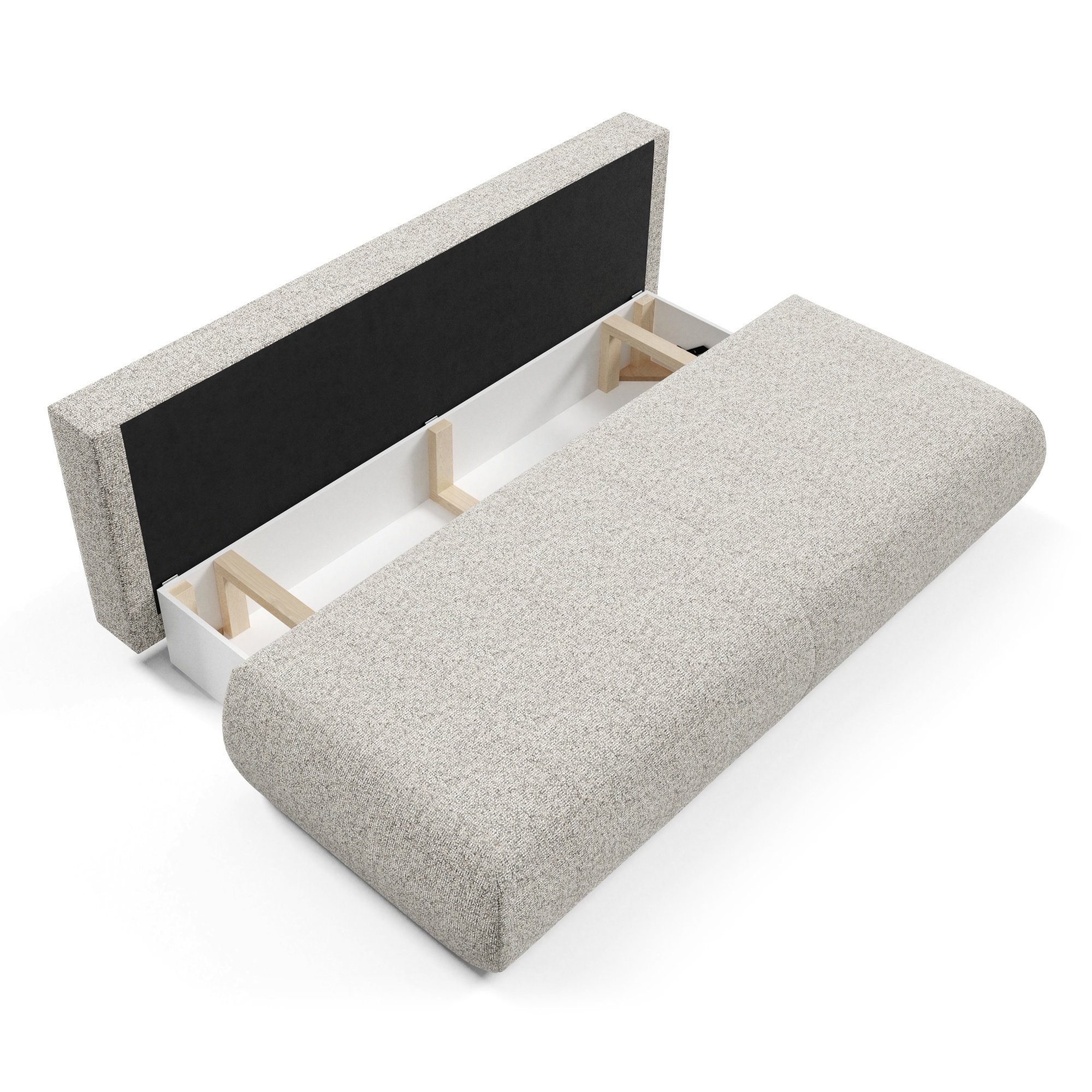 Sofa z funkcją spania i pojemnikiem Puente, szarobeżowy melanż, obłe kształty