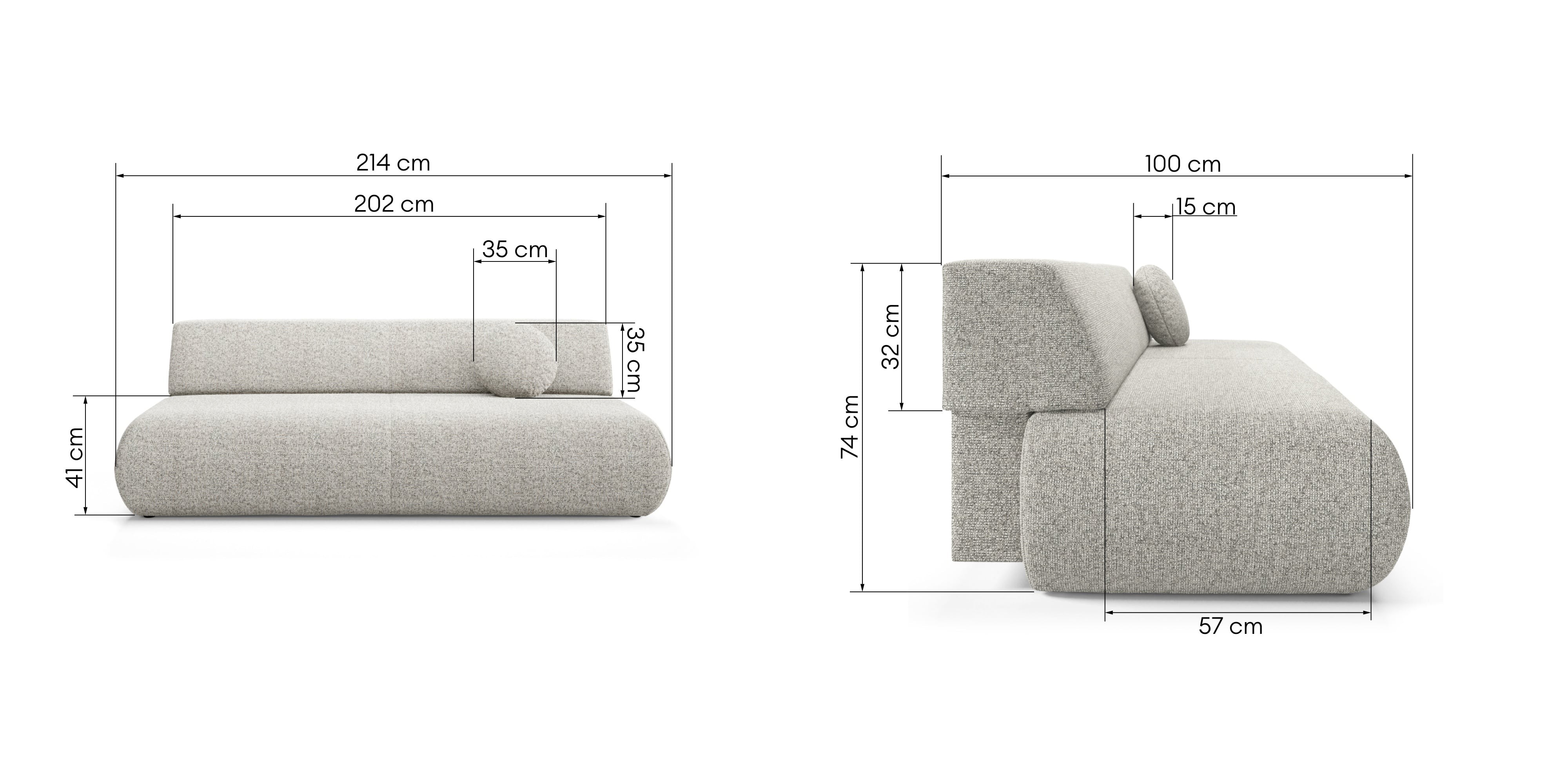 Sofa z funkcją spania i pojemnikiem Puente, szarobeżowy melanż, obłe kształty