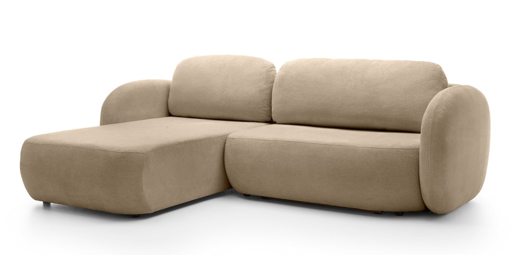 Narożnik rozkładany Olio z pojemnikiem, lewostronny, beżowy, obłe kształty