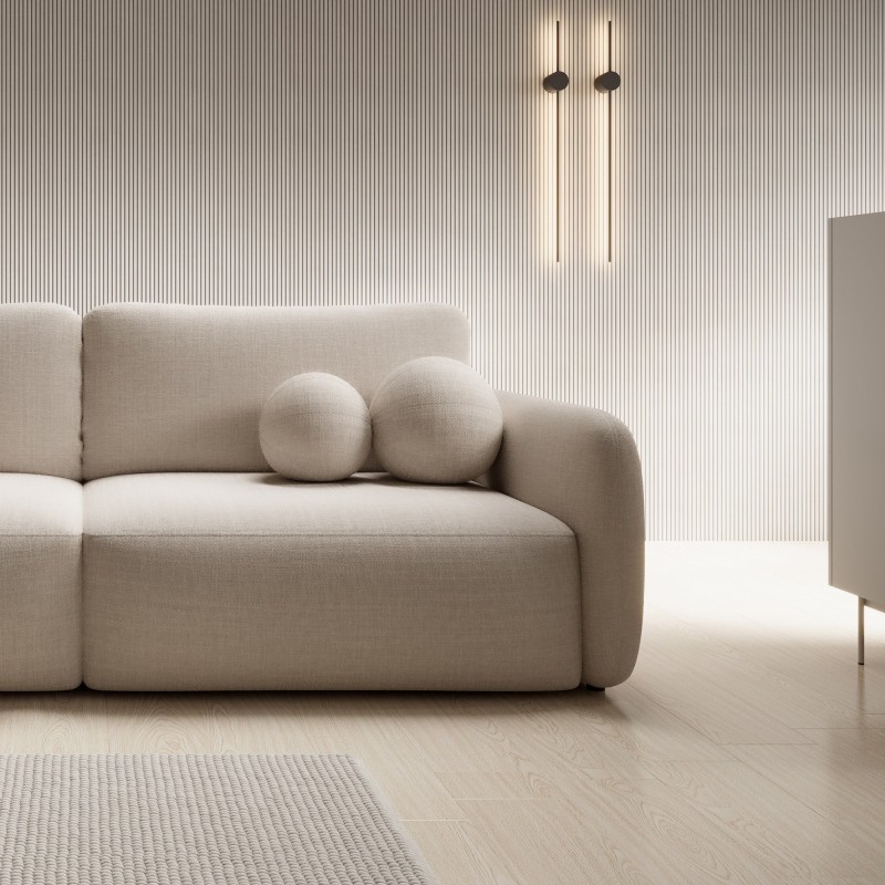 Sofa rozkładana Botse z pojemnikiem, obłe kształty, beżowa