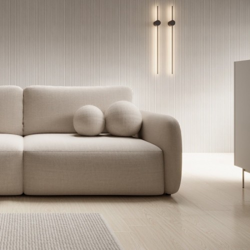 Sofa rozkładana Botse z pojemnikiem, obłe kształty, beżowa