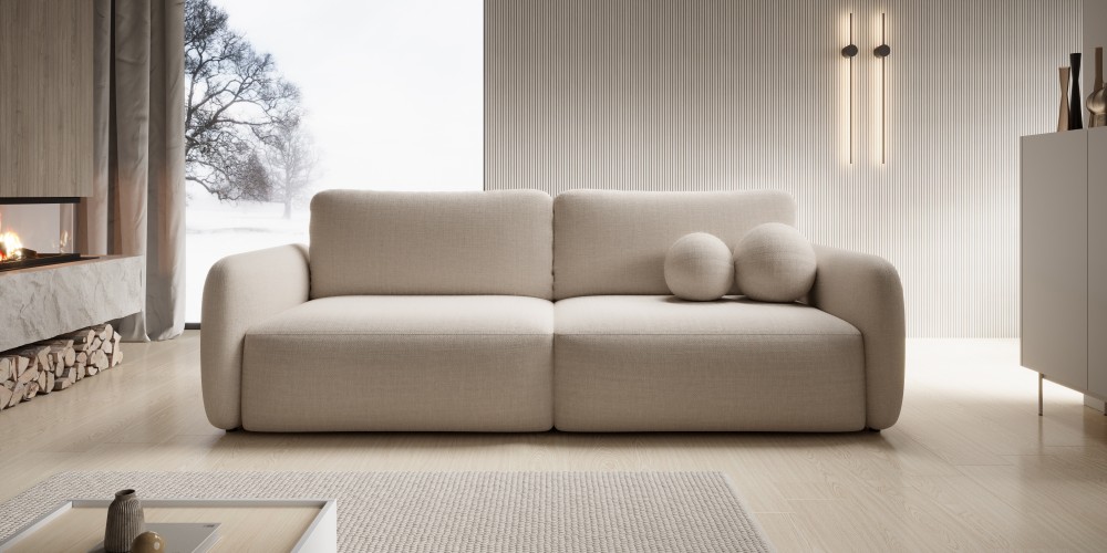 Sofa rozkładana Botse z pojemnikiem, obłe kształty, beżowa