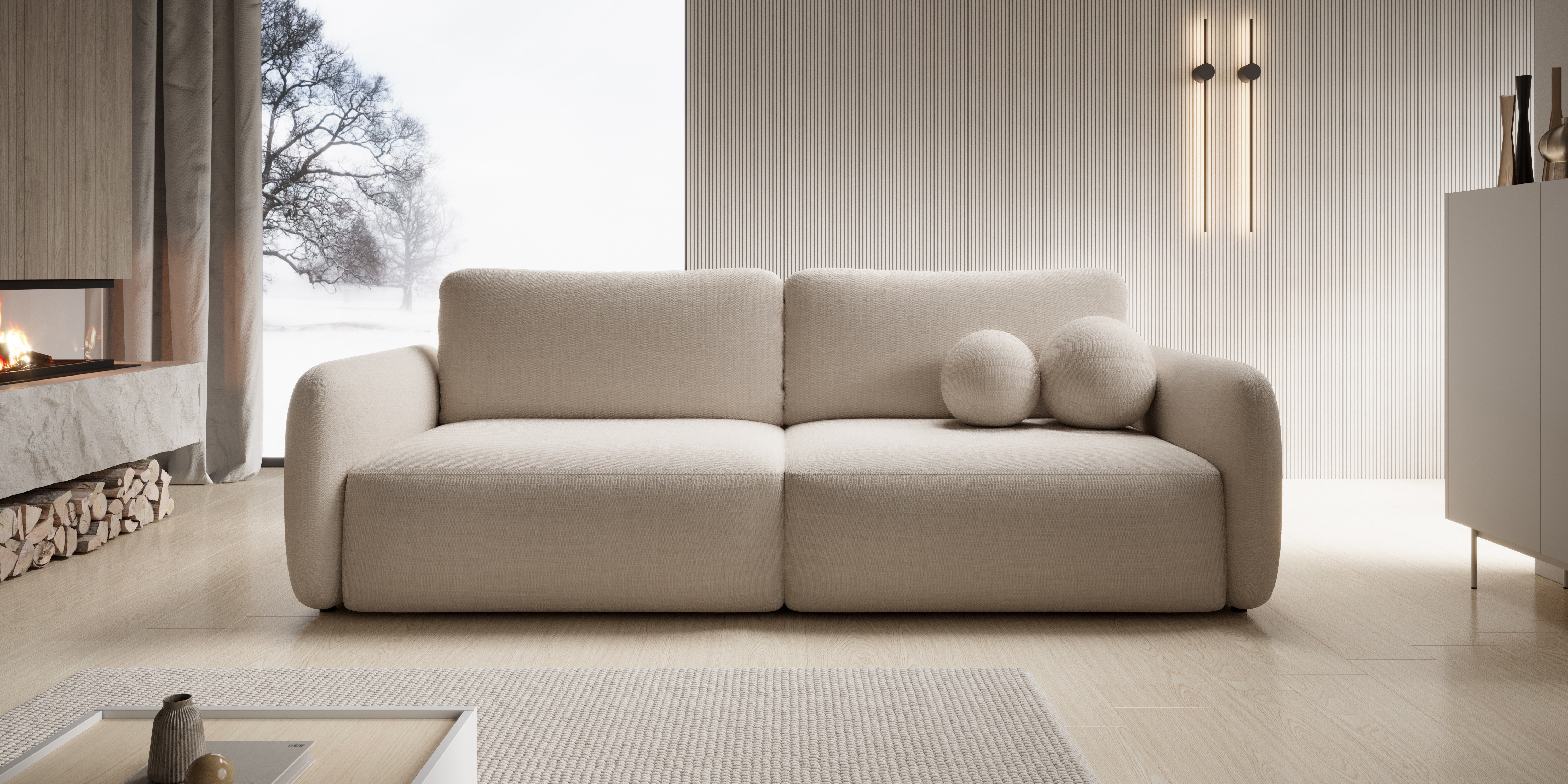 Sofa rozkładana Botse z pojemnikiem, obłe kształty, beżowa