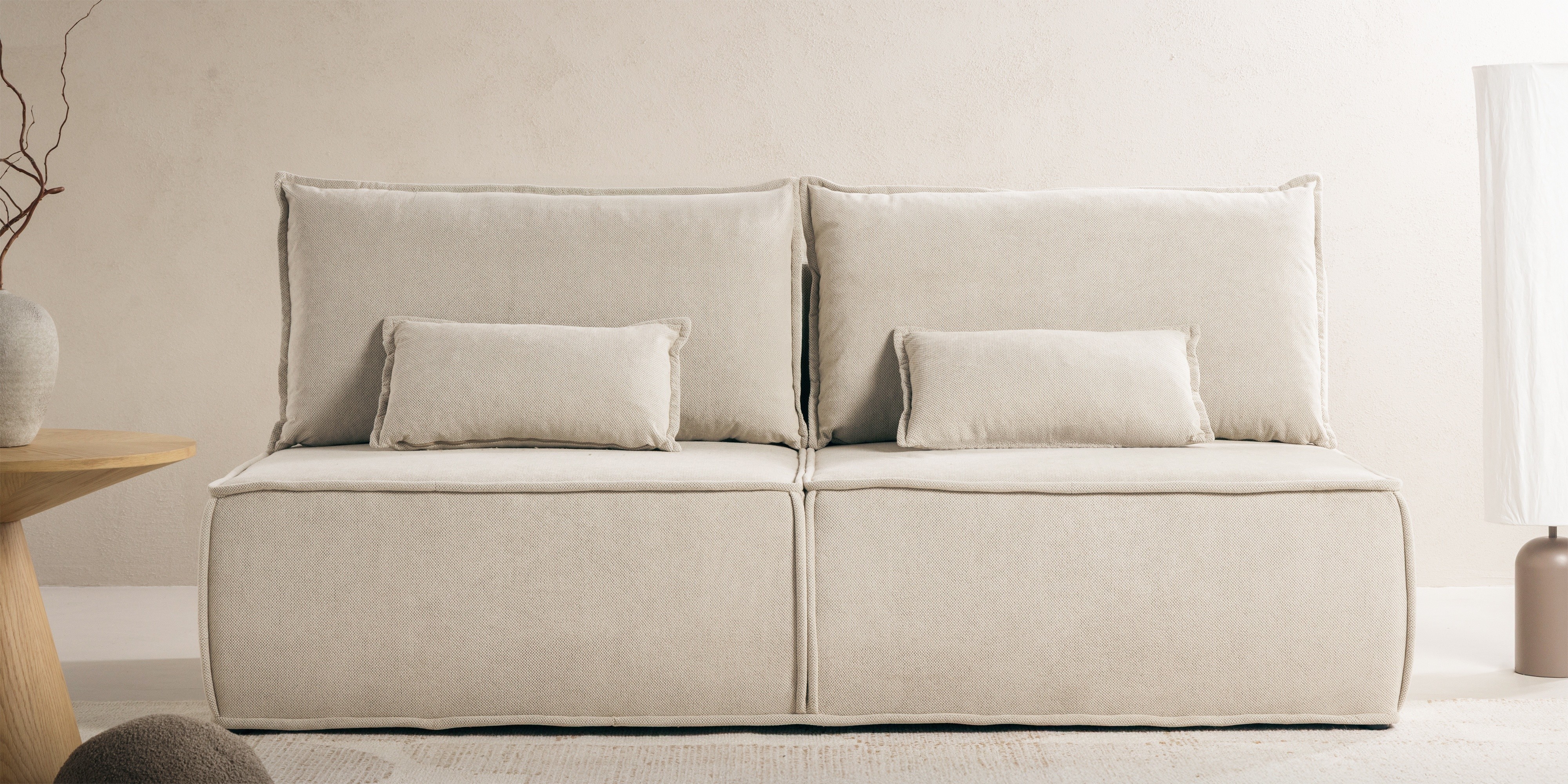 Sofa rozkładana Sofuto z pojemnikiem, jasnobeżowa