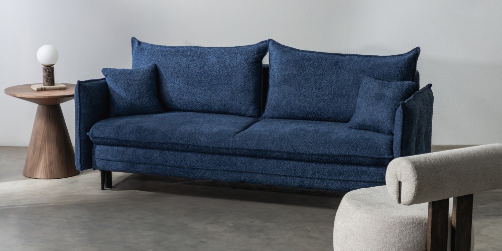 Sofa z funkcją spania i pojemnikiem Notti, ciemnoniebieska