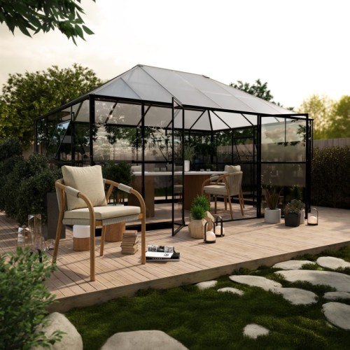 Oranżeria ogrodowa EcoGlass Gazebo Standard z fundamentem 12 m² szkło hartowane 4 mm, poliwęglan 6 mm, aluminium, czarna