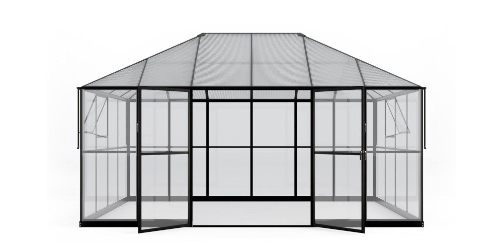 Oranżeria ogrodowa EcoGlass Gazebo Standard z fundamentem 12 m² szkło hartowane 4 mm, poliwęglan 6 mm, aluminium, czarna