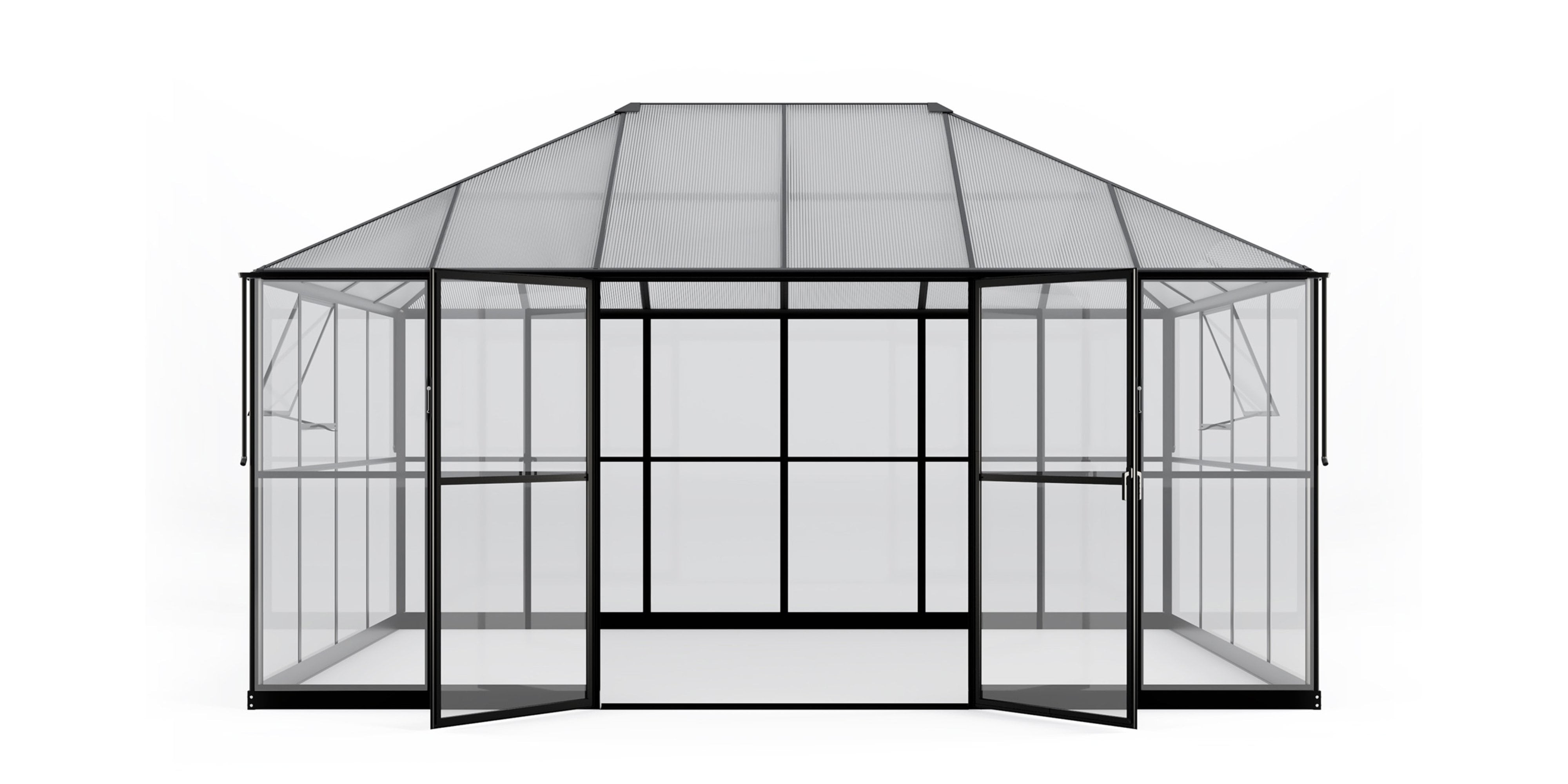 Oranżeria ogrodowa EcoGlass Gazebo Standard z fundamentem 12 m² szkło hartowane 4 mm, poliwęglan 6 mm, aluminium, czarna