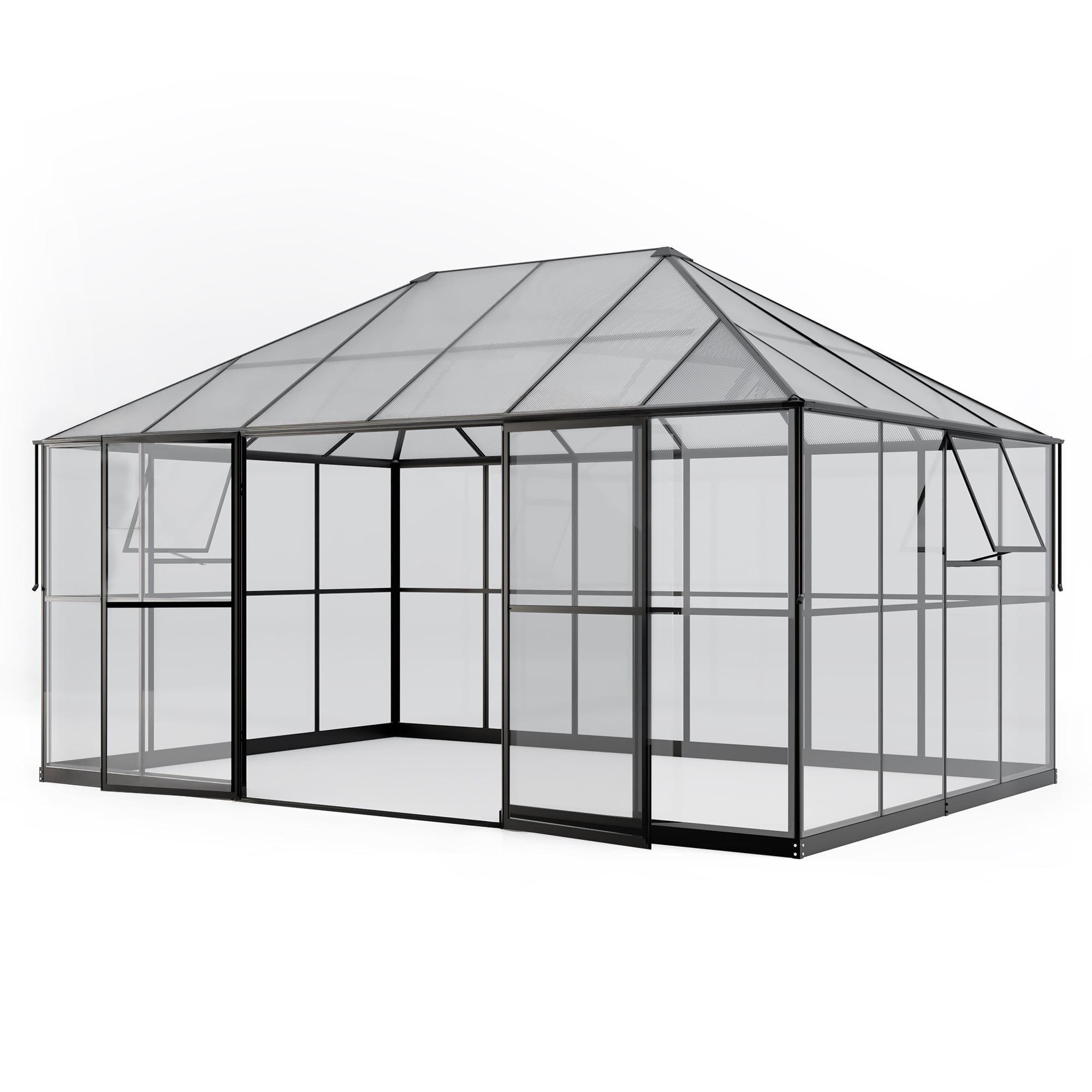 Oranżeria ogrodowa EcoGlass Gazebo Standard z fundamentem 12 m² szkło hartowane 4 mm, poliwęglan 6 mm, aluminium, czarna