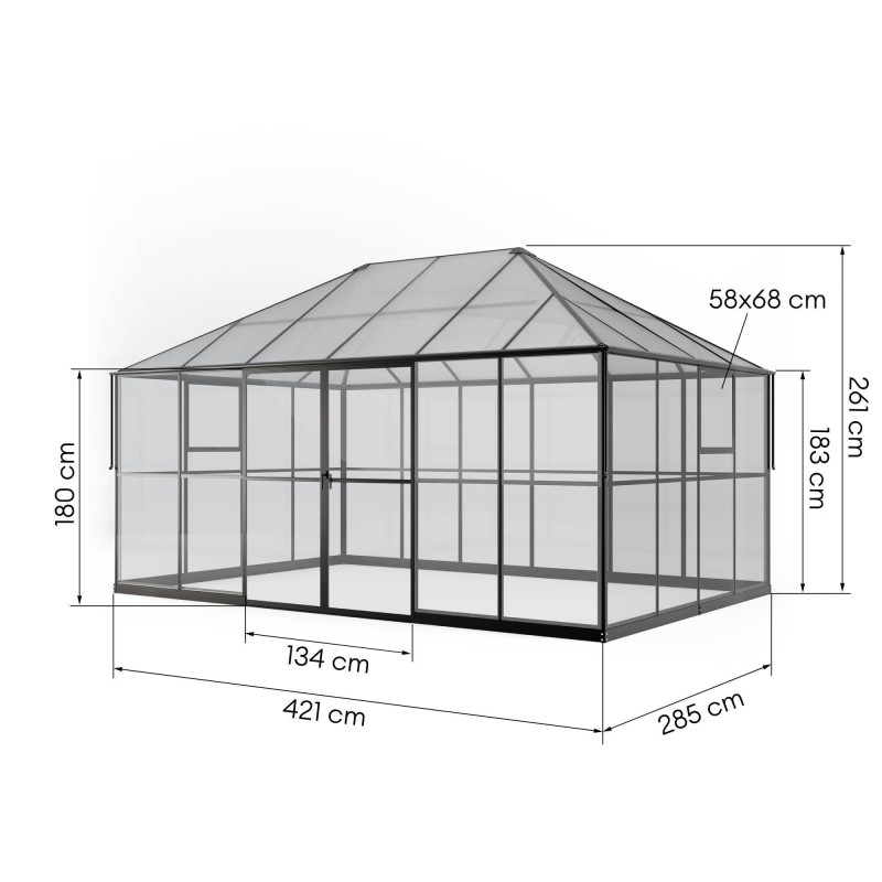 Oranżeria ogrodowa EcoGlass Gazebo Standard z fundamentem 12 m² szkło hartowane 4 mm, poliwęglan 6 mm, aluminium, czarna