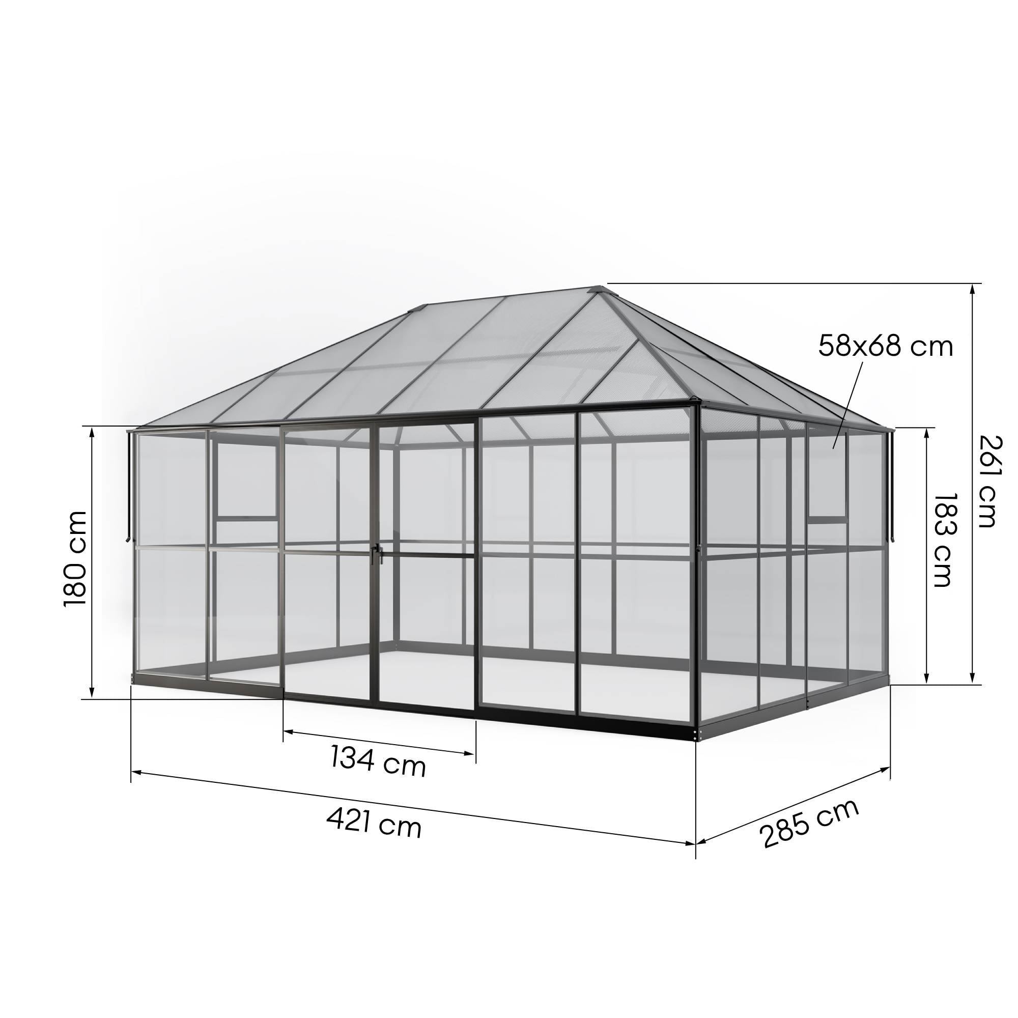 Oranżeria ogrodowa EcoGlass Gazebo Standard z fundamentem 12 m² szkło hartowane 4 mm, poliwęglan 6 mm, aluminium, czarna