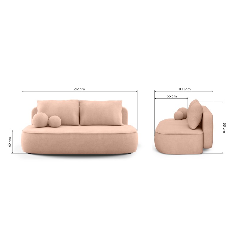 Sofa z funkcją spania i pojemnikiem Bella brzoskwiniowa, welurowa