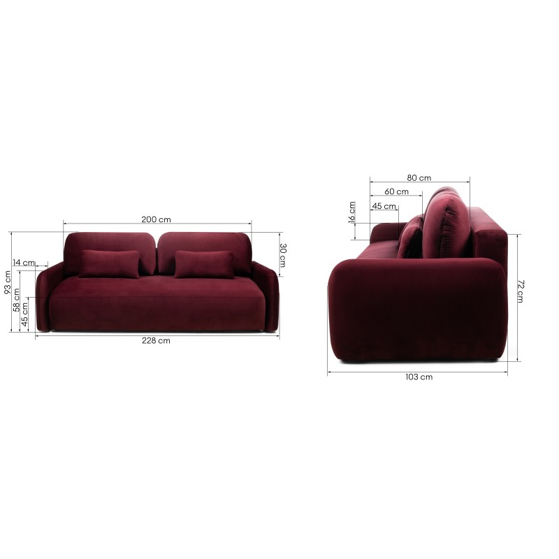 Sofa z funkcją spania i pojemnikiem Hoschi Slim obłe kształty, welurowa, burgundowa