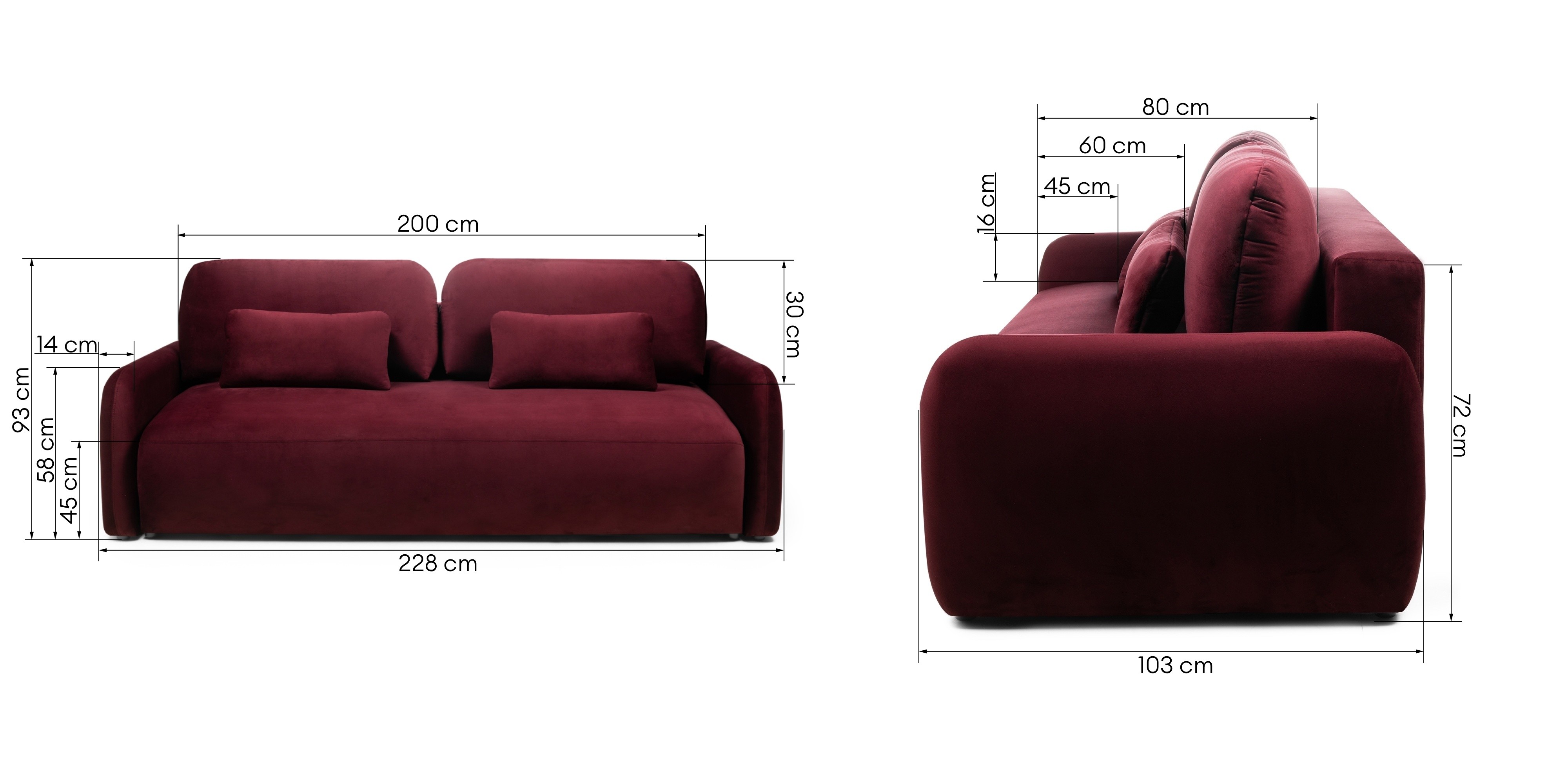 Sofa z funkcją spania i pojemnikiem Hoschi Slim obłe kształty, welurowa, burgundowa