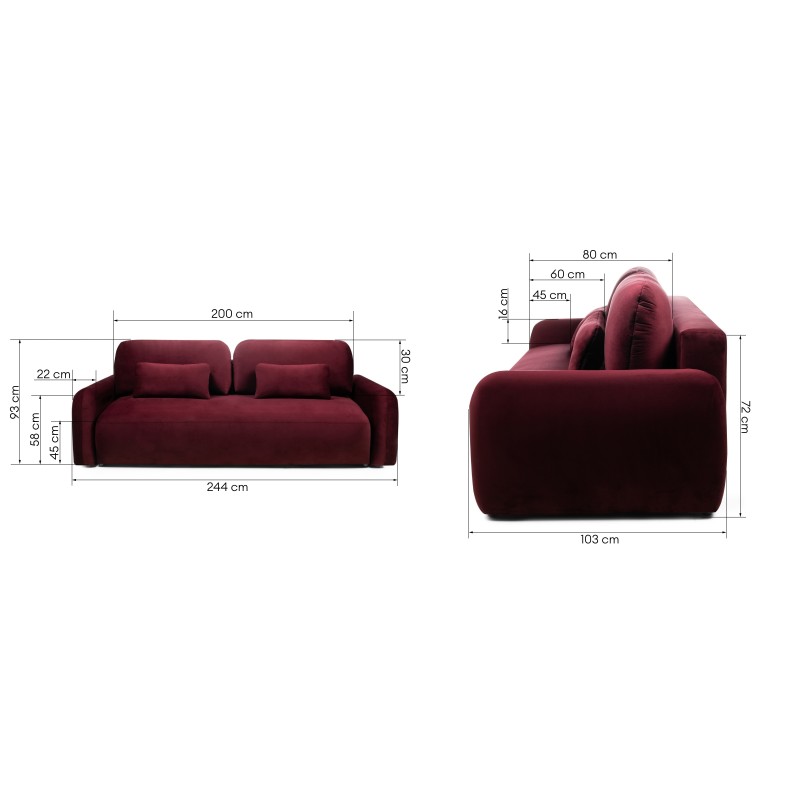 Sofa z funkcją spania i pojemnikiem Hoschi obłe kształty, welurowa, burgundowa
