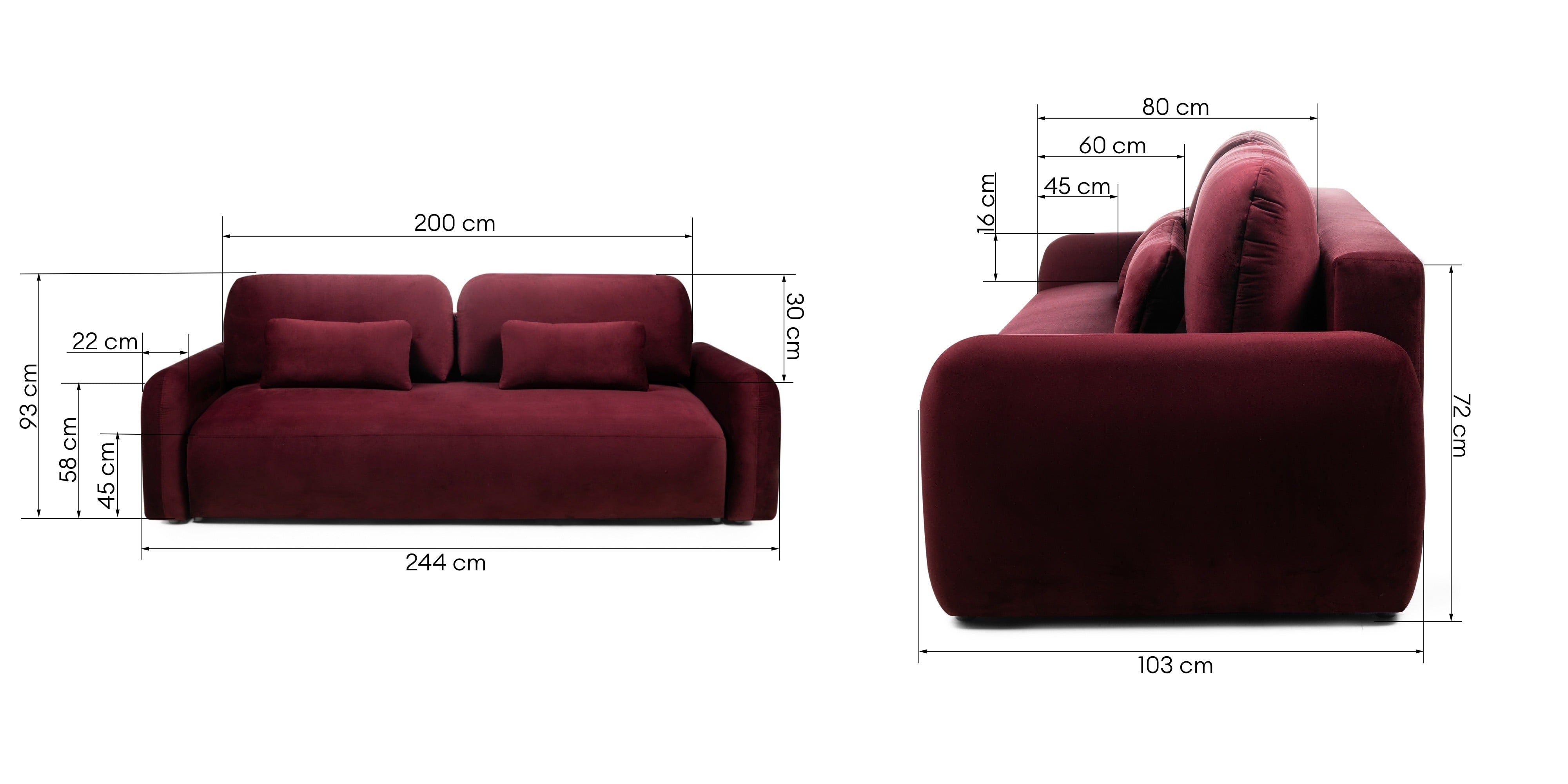 Sofa z funkcją spania i pojemnikiem Hoschi obłe kształty, welurowa, burgundowa