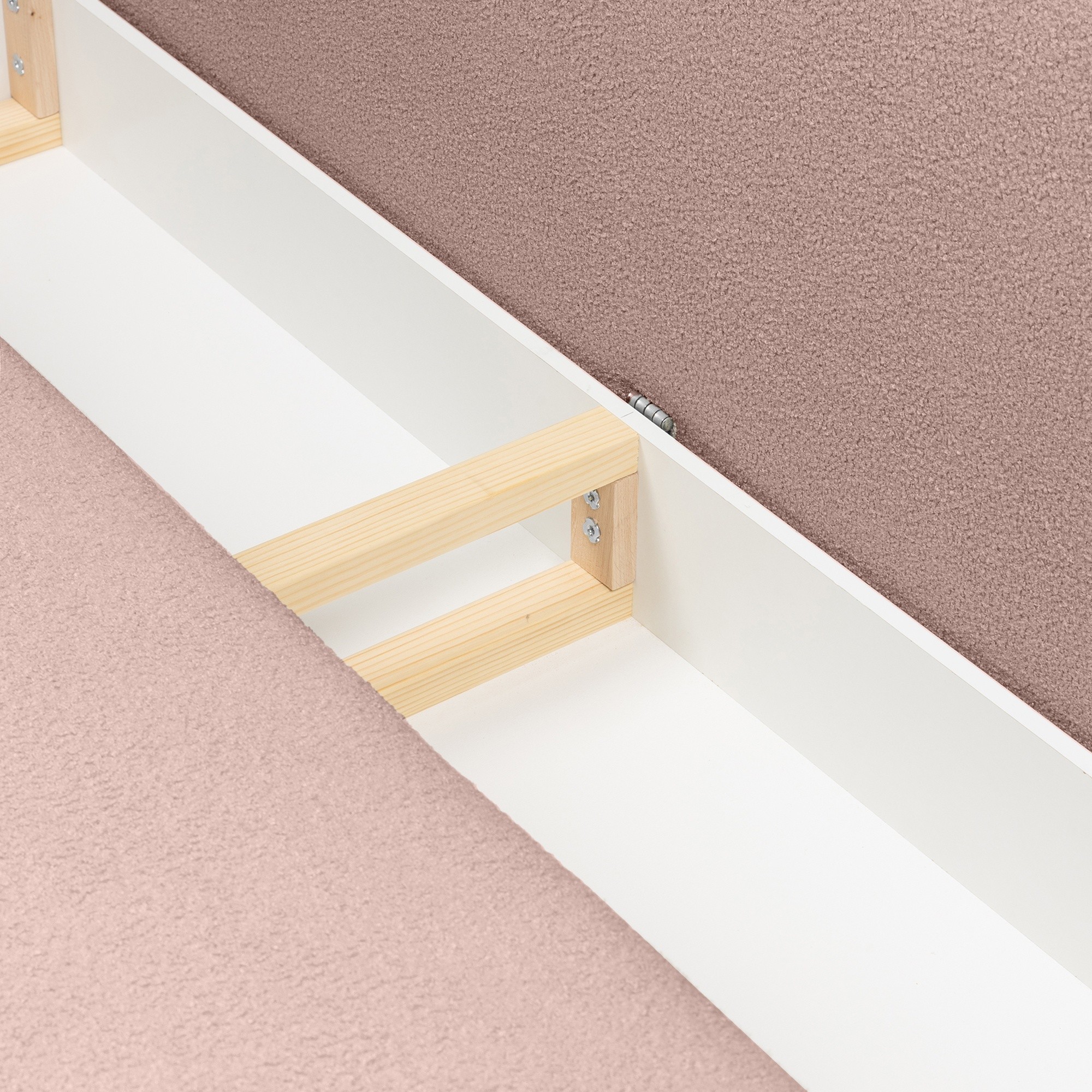 Sofa z funkcją spania i pojemnikiem Mikado różowa, boucle, obłe kształty