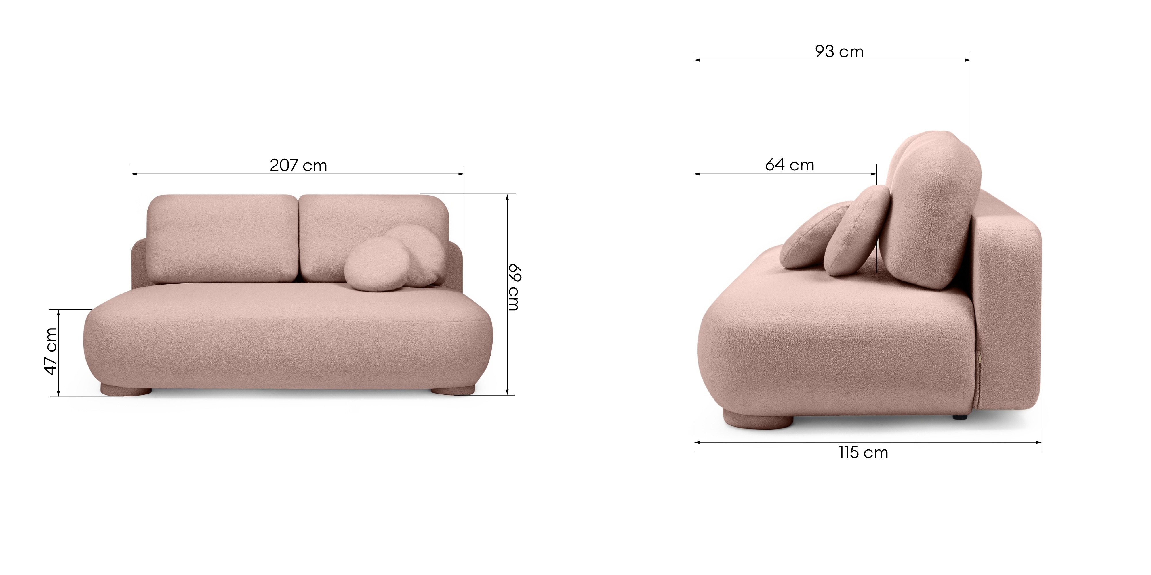 Sofa z funkcją spania i pojemnikiem Mikado różowa, boucle, obłe kształty