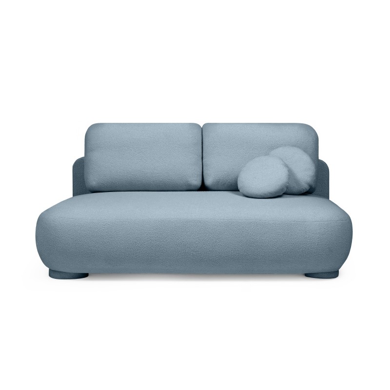 Sofa z funkcją spania i pojemnikiem Mikado, niebieska, boucle, obłe kształty