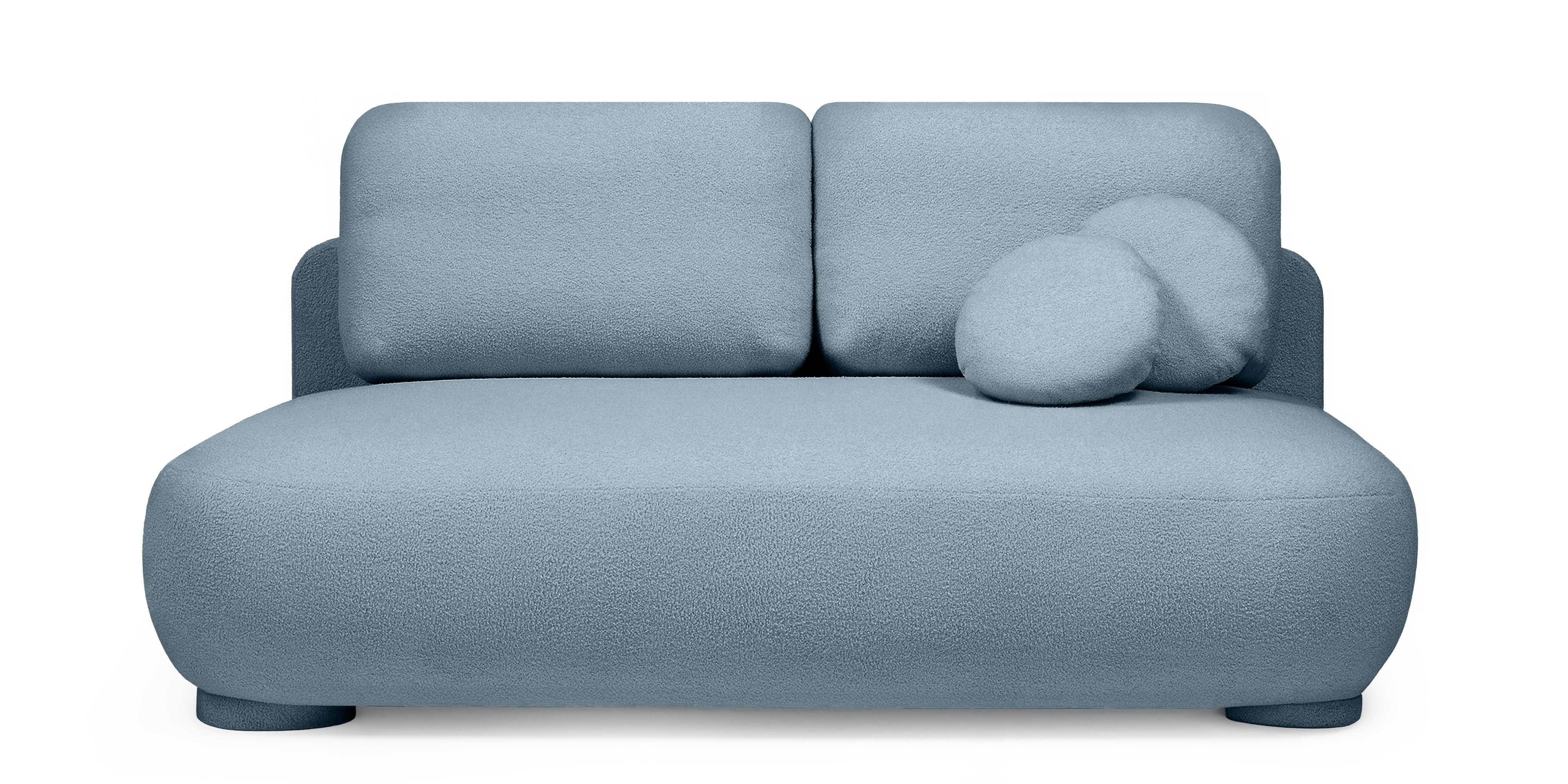 Sofa z funkcją spania i pojemnikiem Mikado, niebieska, boucle, obłe kształty