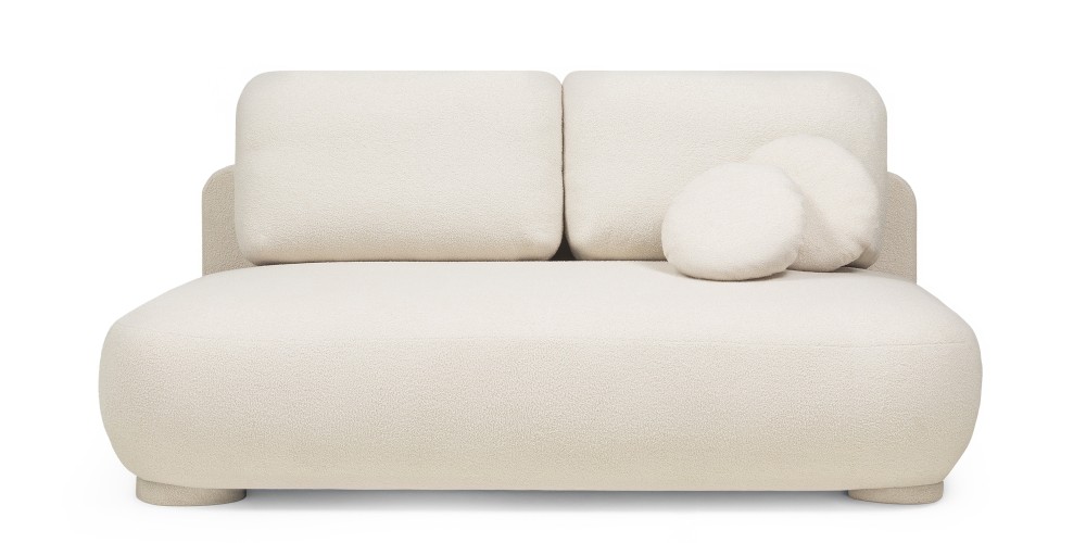 Sofa z funkcją spania i pojemnikiem Mikado jasnobeżowa, boucle, obłe kształty