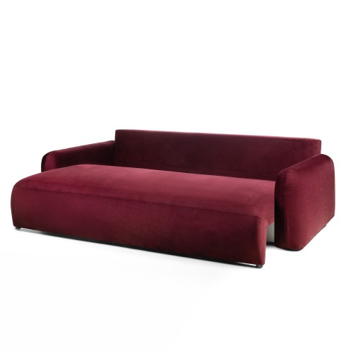 Sofa z funkcją i pojemnikiem Hoschi, obła, welurowa, burgund
